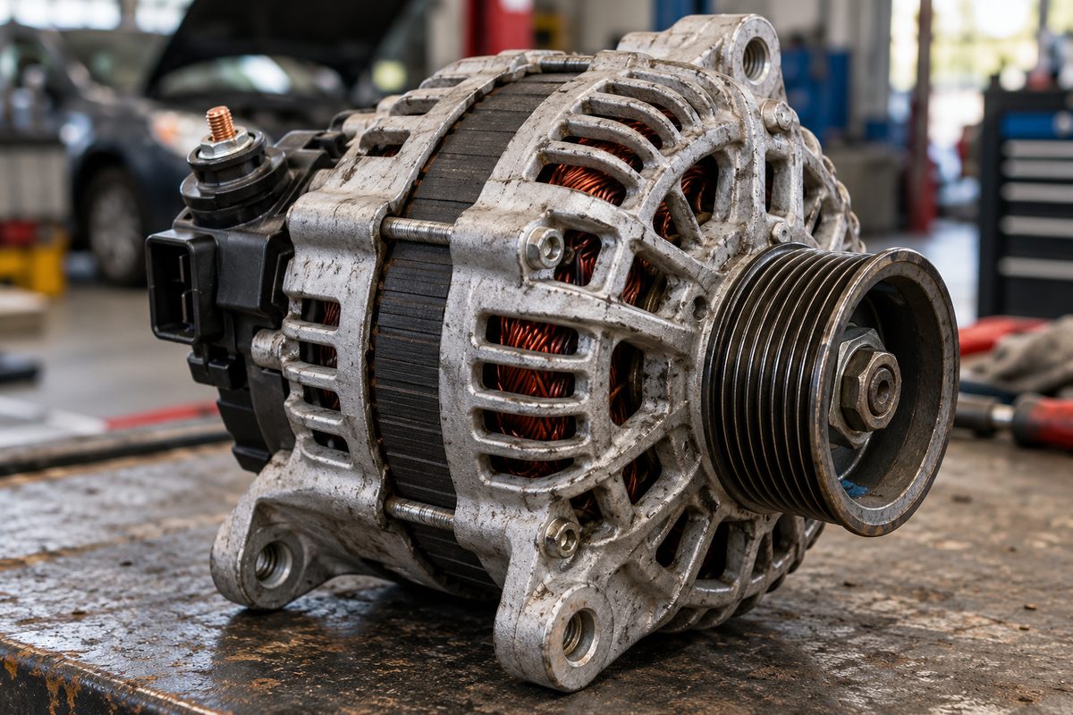 High output 12 volt automotive alternator showing copper stator windings