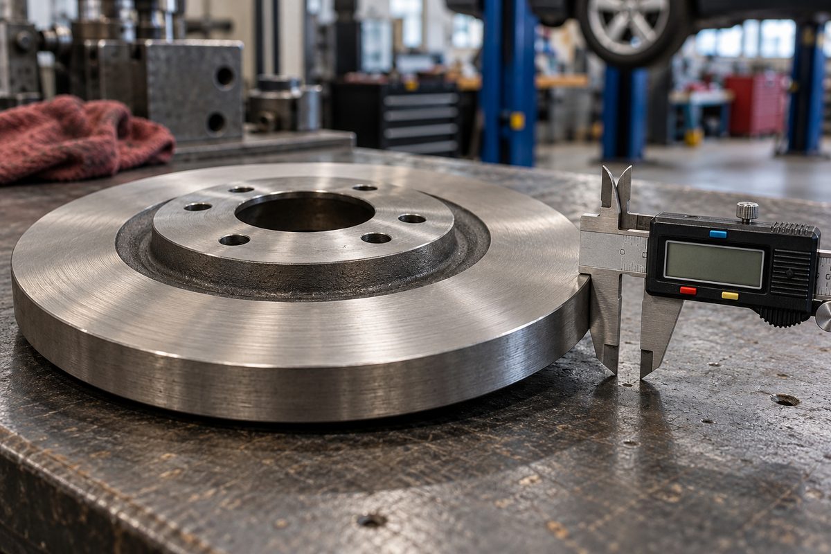 Solid rear brake disc rotor on a precision measurement inspection bench