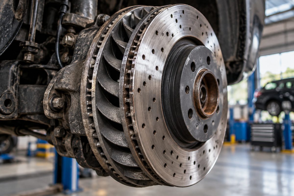 Vented front brake rotor displaying internal cooling airflow channels