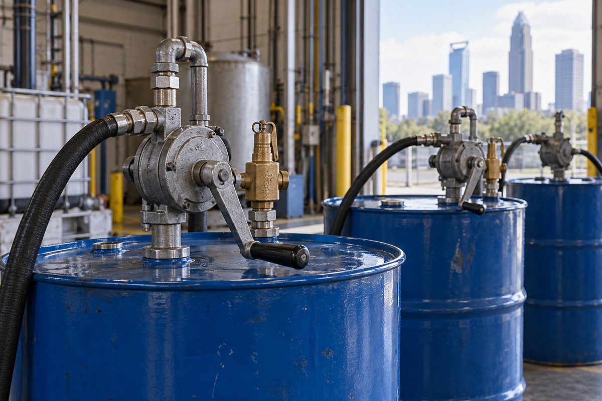 Sealed commercial degreaser and shop chemical drums in warehouse storage
