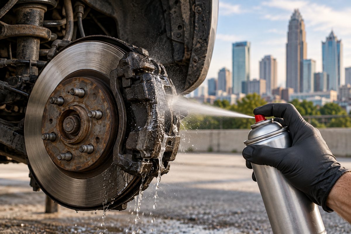 High pressure aerosol brake cleaner washing dirt and grease off a component