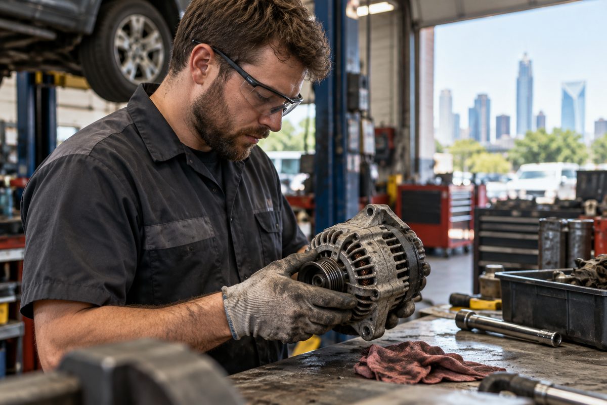 Technician checking an automotive core component for warranty return eligibility