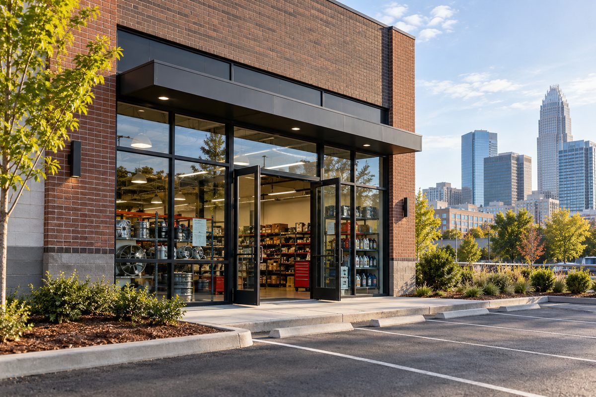 Exterior of AutoMoto Shop facility on NC Music Factory Boulevard in Charlotte