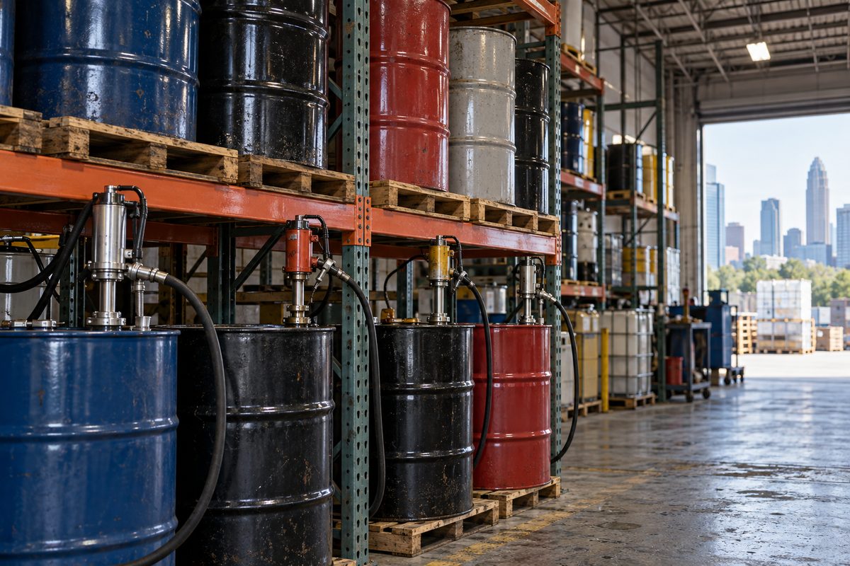Bulk 55-gallon drums of commercial motor oil on warehouse pallet racks