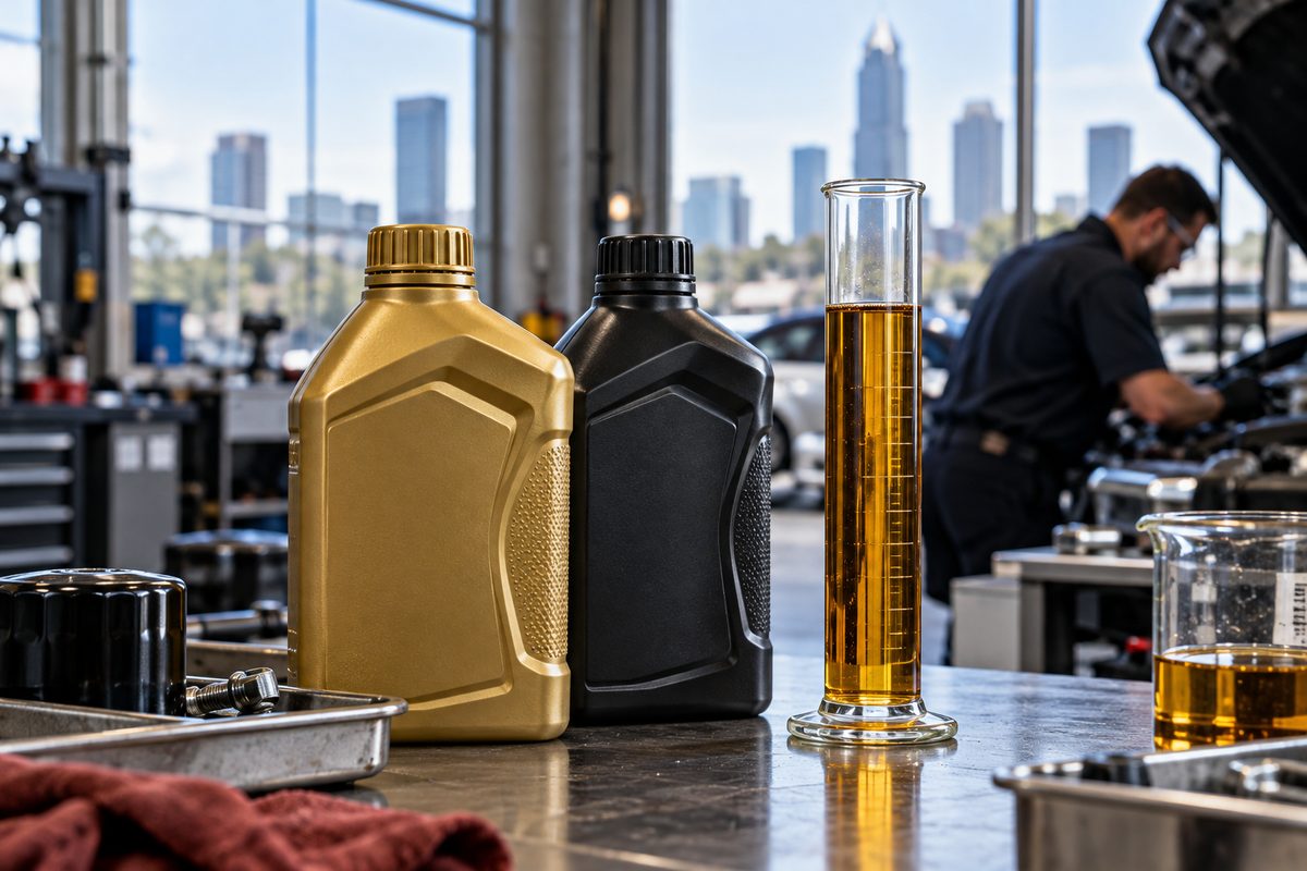 Full synthetic motor oil bottles and laboratory viscosity check
