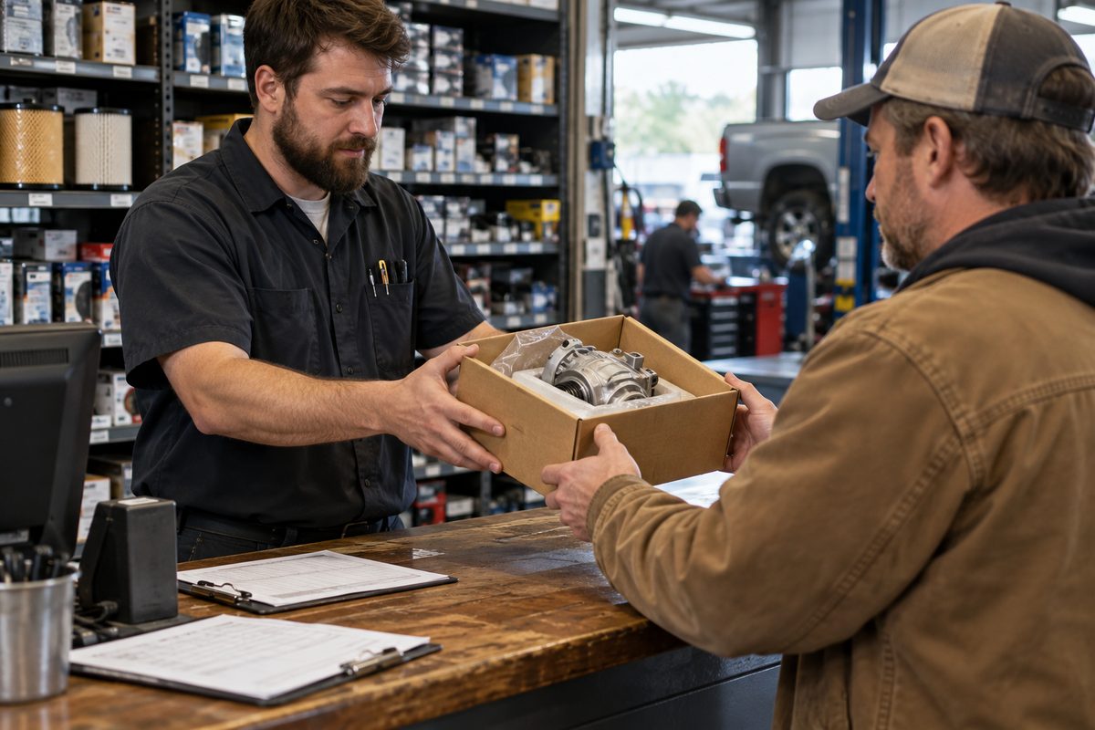 AutoMoto Shop parts specialist handing verified components box at trade counter