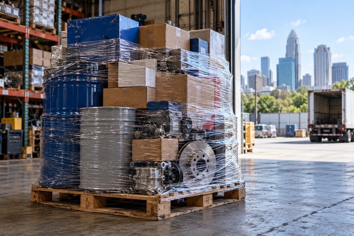 Palletized automotive components prepared for regional courier dispatch