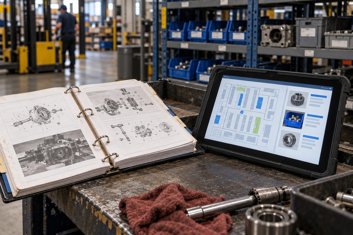 Automotive specification reference manual and digital parts counter ledger