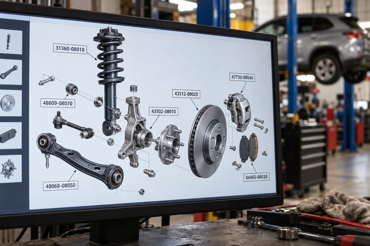 Electronic parts catalogue interface showing vehicle suspension schematic and cross references