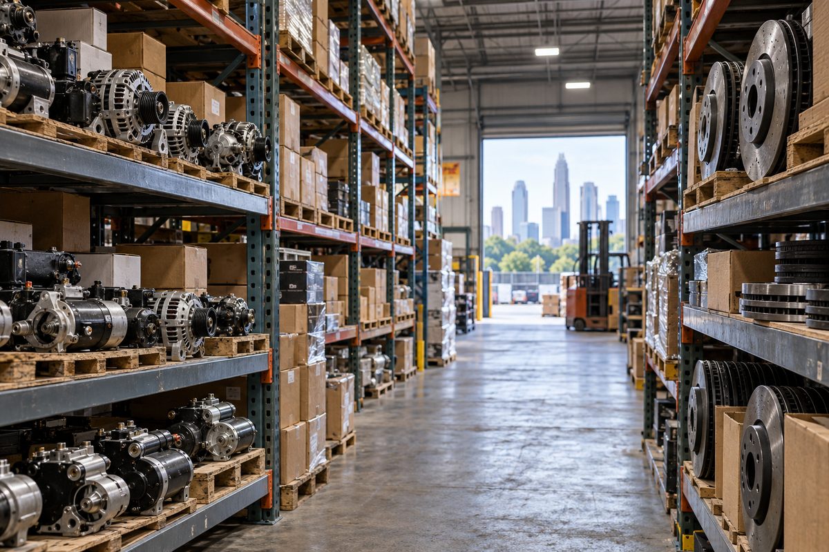 Aisles of organized automotive inventory shelving in Charlotte warehouse